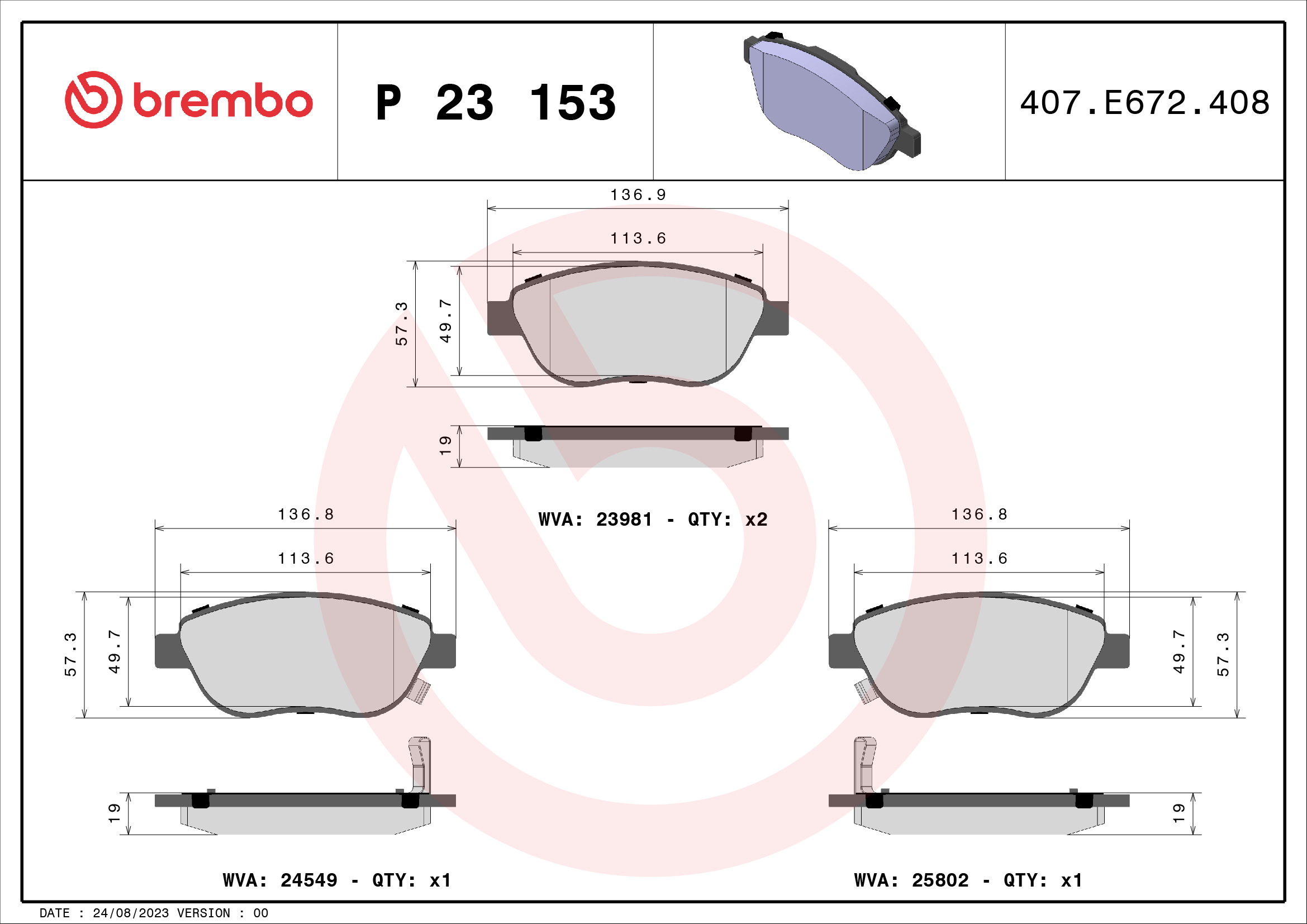 A.B.S. P 23 153 BREMBO Bremsbelagsatz, Scheibenbremse